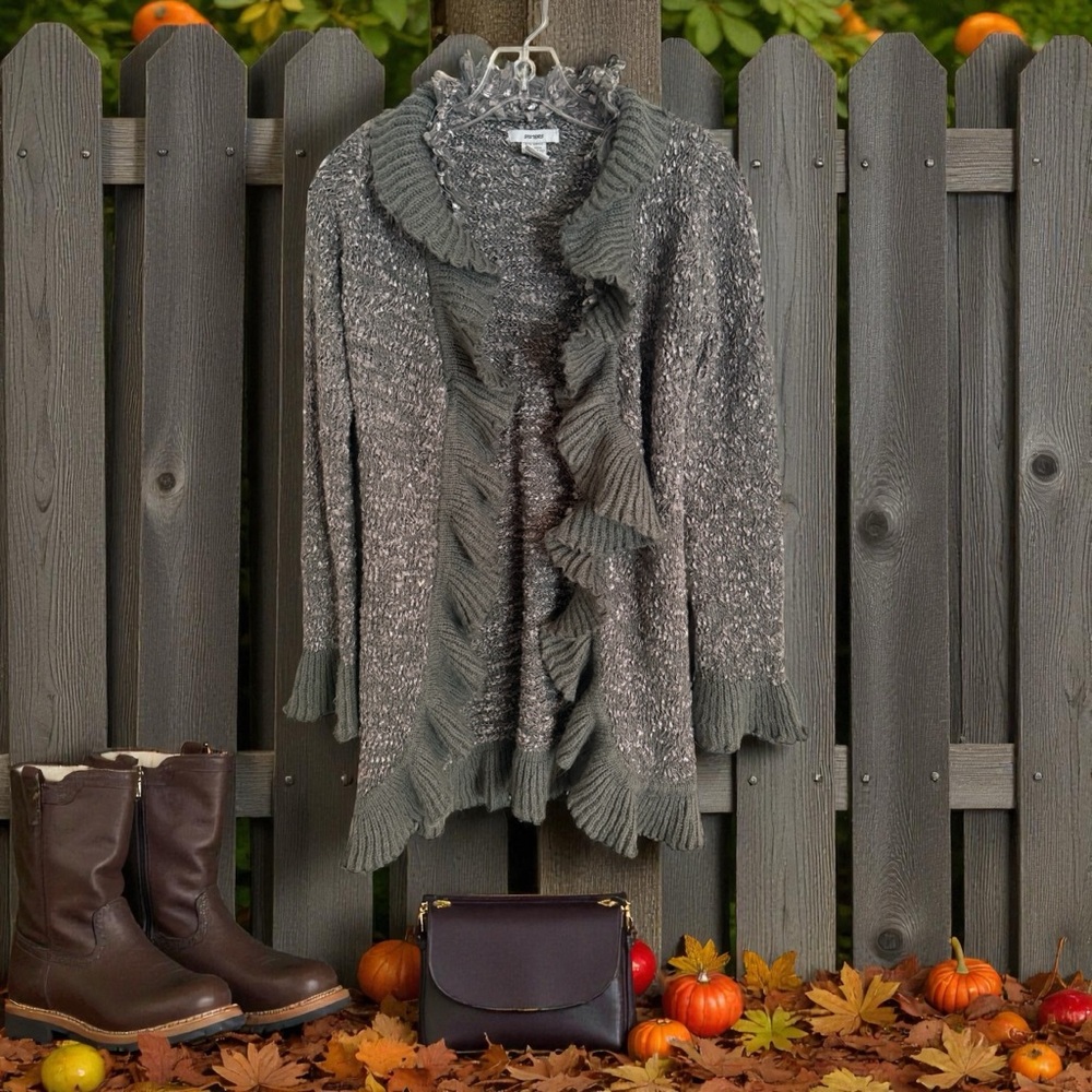 Sisters Womens Ruffled Cardigan Sweater Size S Grey Button Closure V Neck Frilly